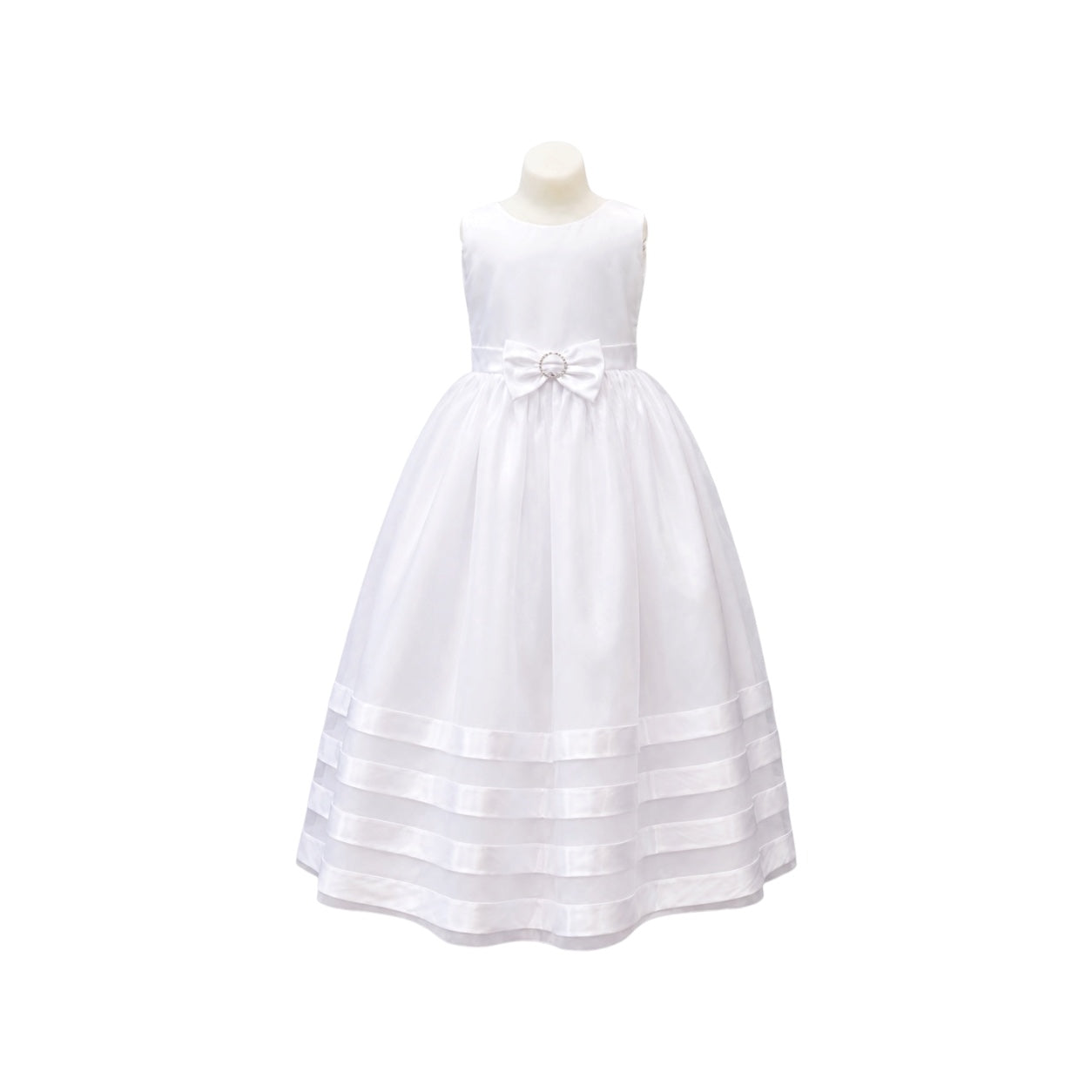 White Sleeveless Satin & Organza Girls' Formal Dress with Rhinestone Bow Waist & Ribbon Trim