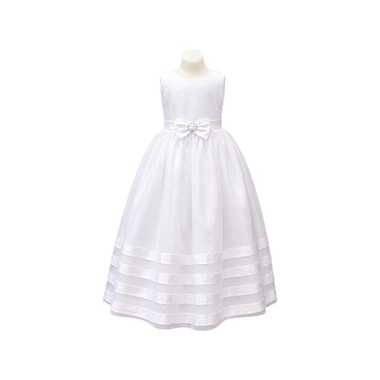 White Sleeveless Satin & Organza Girls' Formal Dress with Rhinestone Bow Waist & Ribbon Trim