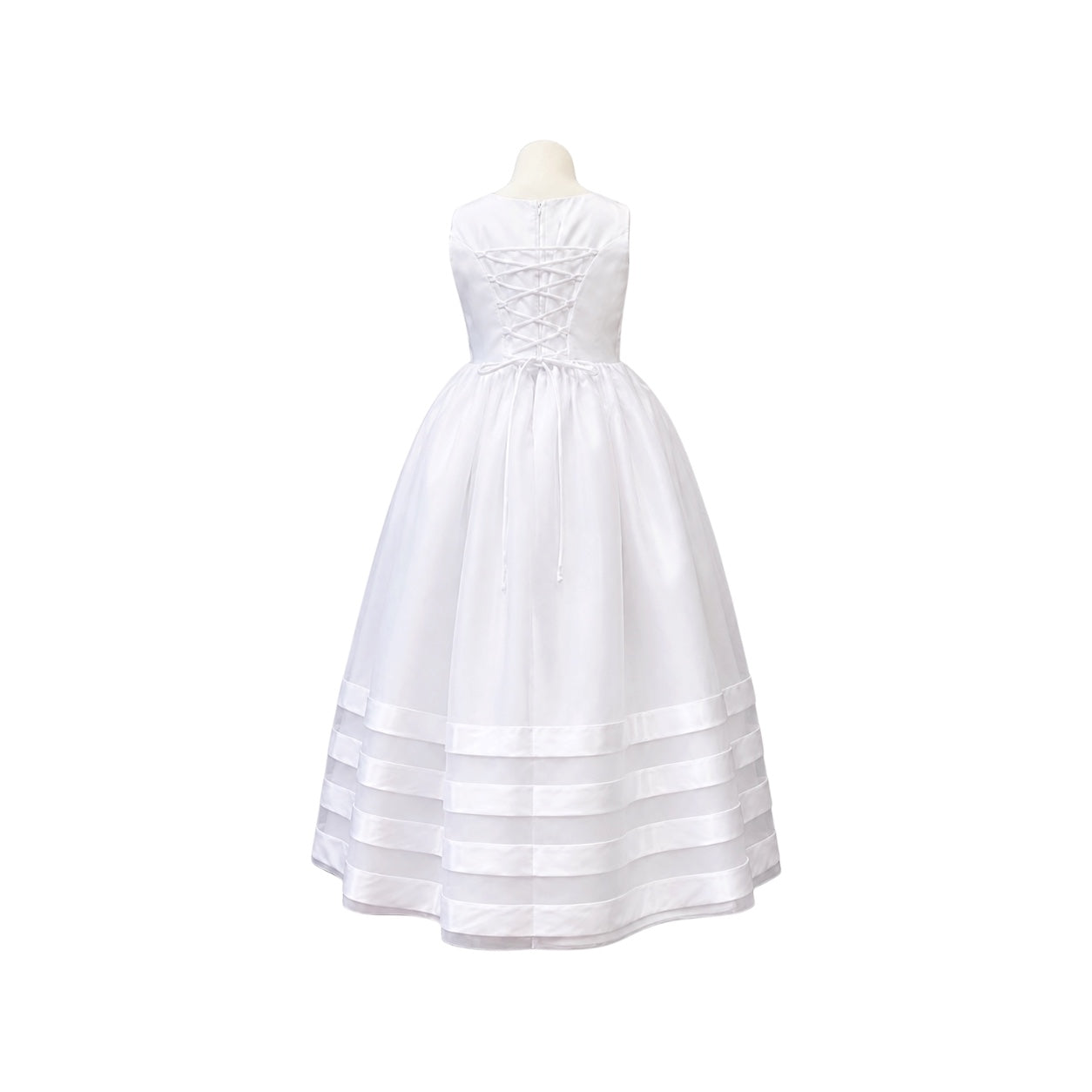 White Sleeveless Satin & Organza Girls' Formal Dress with Rhinestone Bow Waist & Ribbon Trim
