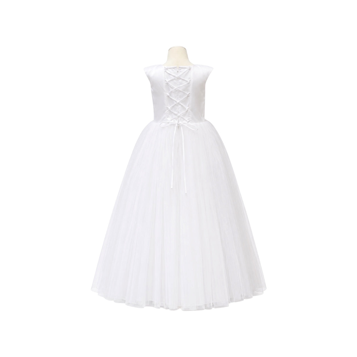 Cap Sleeve Girls' Formal Dress with Pearl Neckline, Lace Waist & Layered Tulle Skirt
