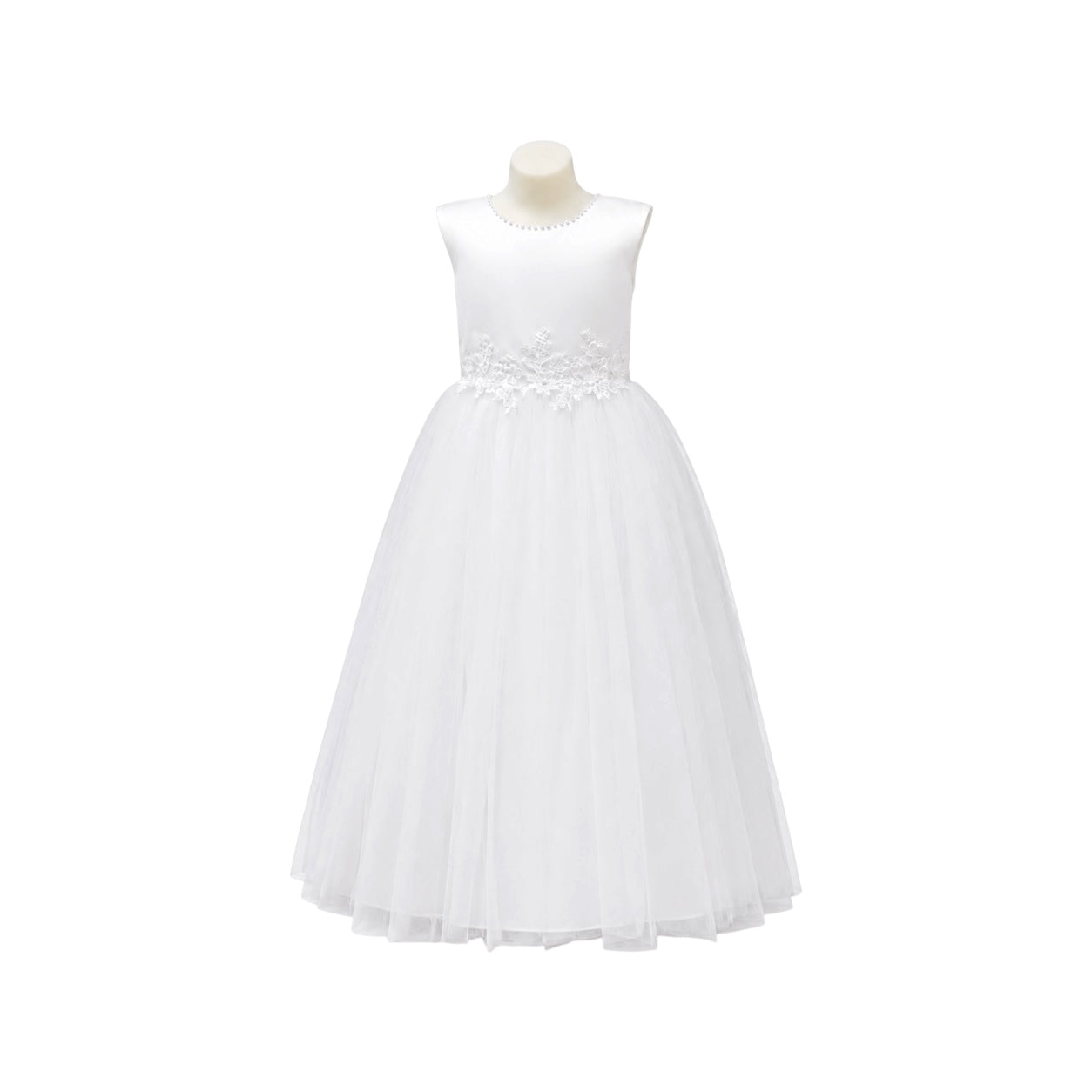 Cap Sleeve Girls' Formal Dress with Pearl Neckline, Lace Waist & Layered Tulle Skirt