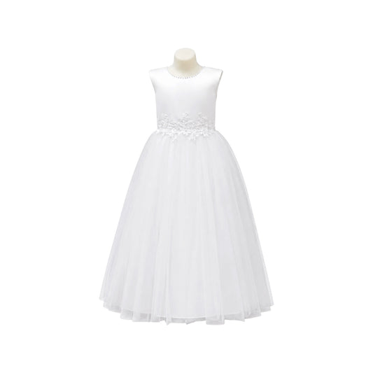 Cap Sleeve Girls' Formal Dress with Pearl Neckline, Lace Waist & Layered Tulle Skirt