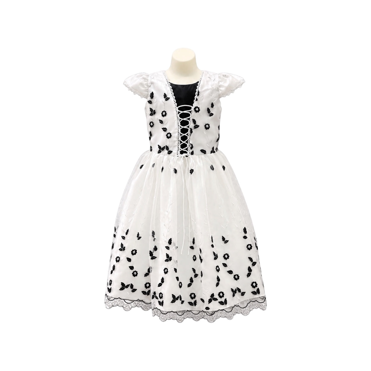 Girls White & Black Floral Embroidered Tea-Length Dress with Lace-Up Bodice (Size 8)