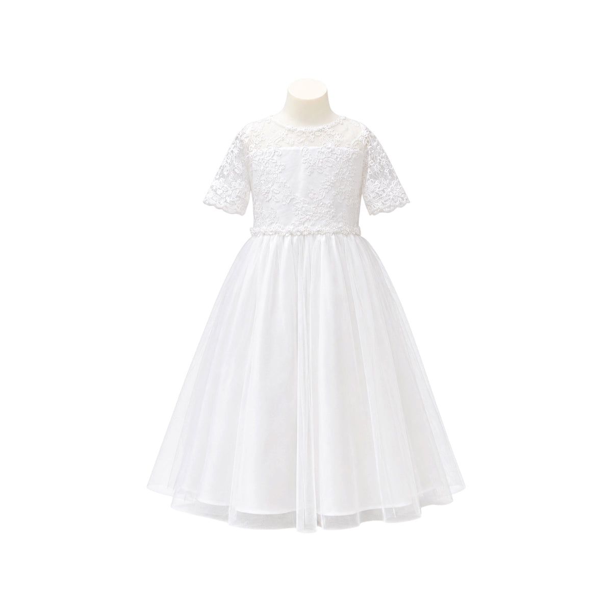 Jolene Floral White Lace Tea-Length Dress with Crystal Tulle Skirt