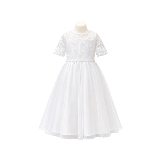 Jolene Floral White Lace Tea-Length Dress with Crystal Tulle Skirt