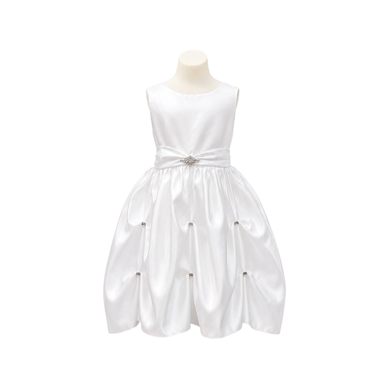 Fifth Avenue White Satin Sleeveless Girls' Formal Dress with Ruched Bubble Skirt & Rhinestone Accents