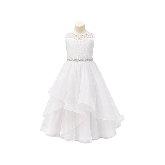 White Floral Lace Dress with Layered Organza Skirt & Rhinestone Waist