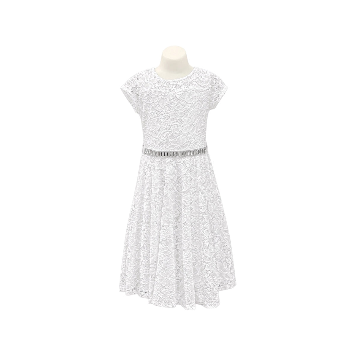White Floral Lace Tea-Length Dress with Rhinestone Waistband