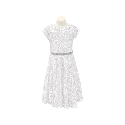 White Floral Lace Tea-Length Dress with Rhinestone Waistband