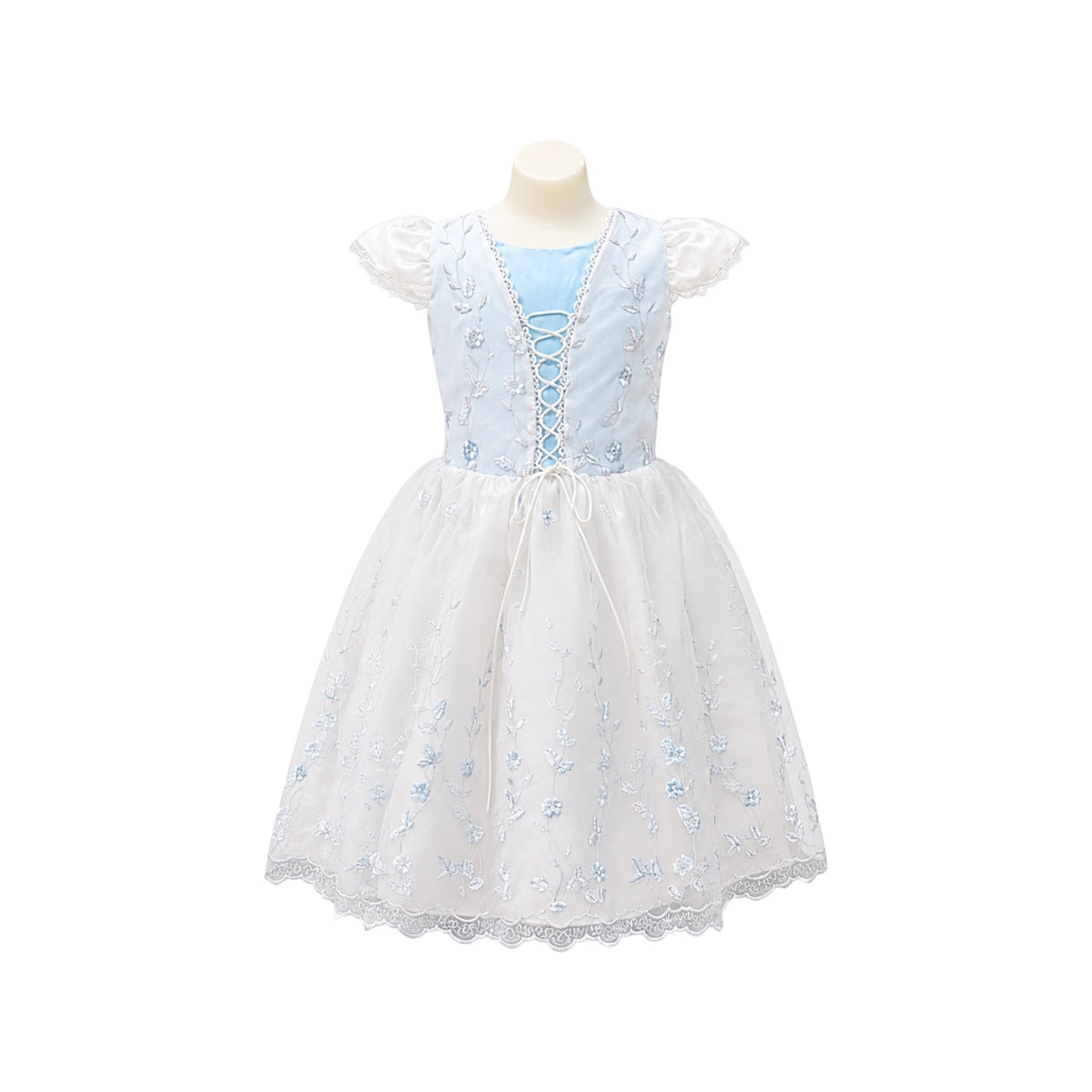Girls White & Light Blue Floral Embroidered Tea-Length Dress with Lace-Up Bodice (Size 8)