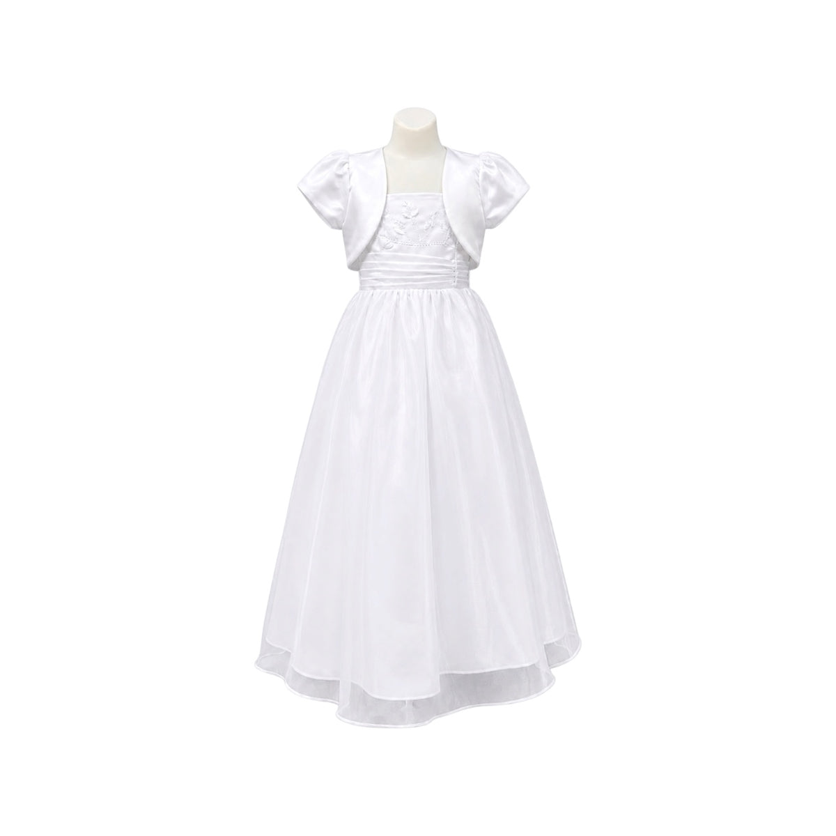 Fancy Kids Embroidered White Floor-Length Dress with Satin Bolero
