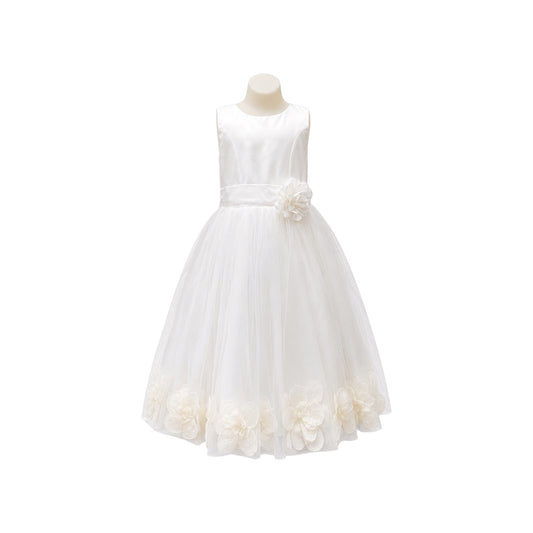 Ivory Tea-Length Satin & Tulle Dress with 3D Floral Petal Hem & Rosette Waist Accent