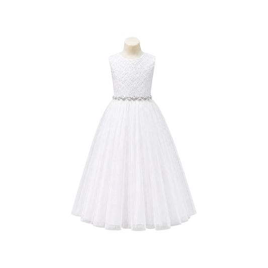 White Floral Lace Bodice Tulle Dress with Pearl Rhinestone Waistband