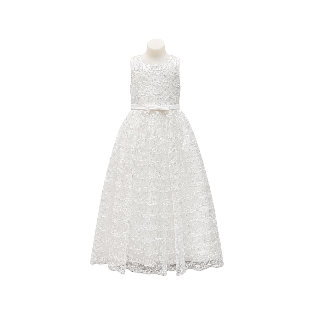 Warm White Sleeveless Pearl & Sequin Embroidered Girls' Dress with Satin Sash
