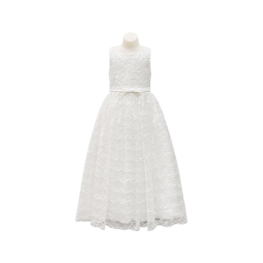 Warm White Sleeveless Pearl & Sequin Embroidered Girls' Dress with Satin Sash