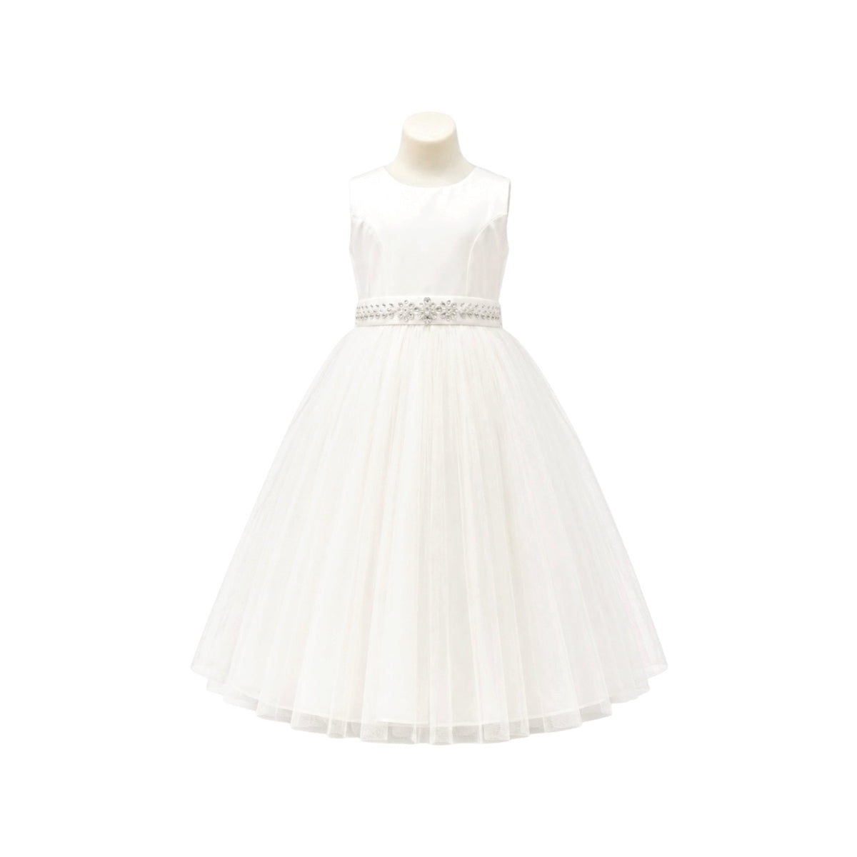 Sleeveless Satin Girls' Formal Dress with Crystal Beaded Waist & Tea-Length Tulle Skirt