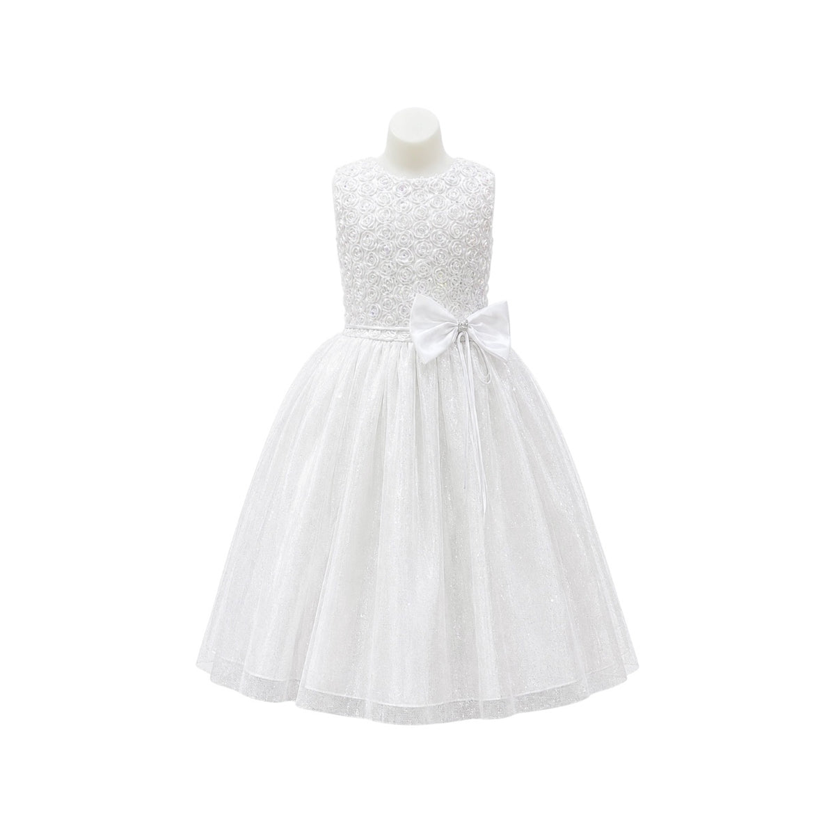 White Rosette Bodice Glitter Tulle Tea-Length Girls' Formal Dress with Satin Bow