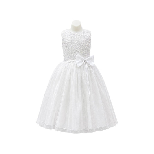 White Rosette Bodice Glitter Tulle Tea-Length Girls' Formal Dress with Satin Bow
