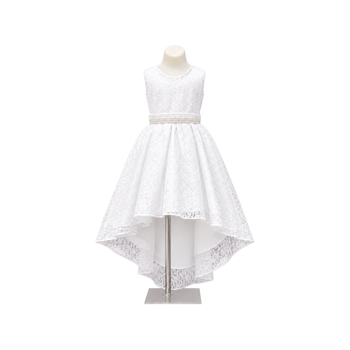 White Floral Lace High-Low Girls' Formal Dress with Pearl Waistband & Satin Bow Back