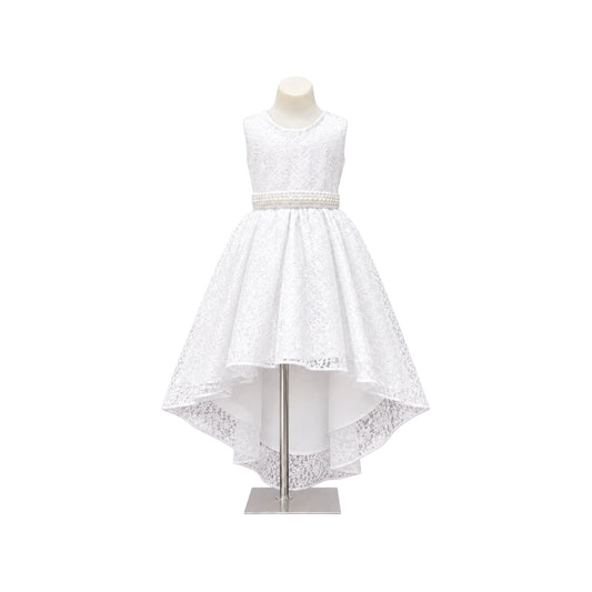 White Floral Lace High-Low Girls' Formal Dress with Pearl Waistband & Satin Bow Back