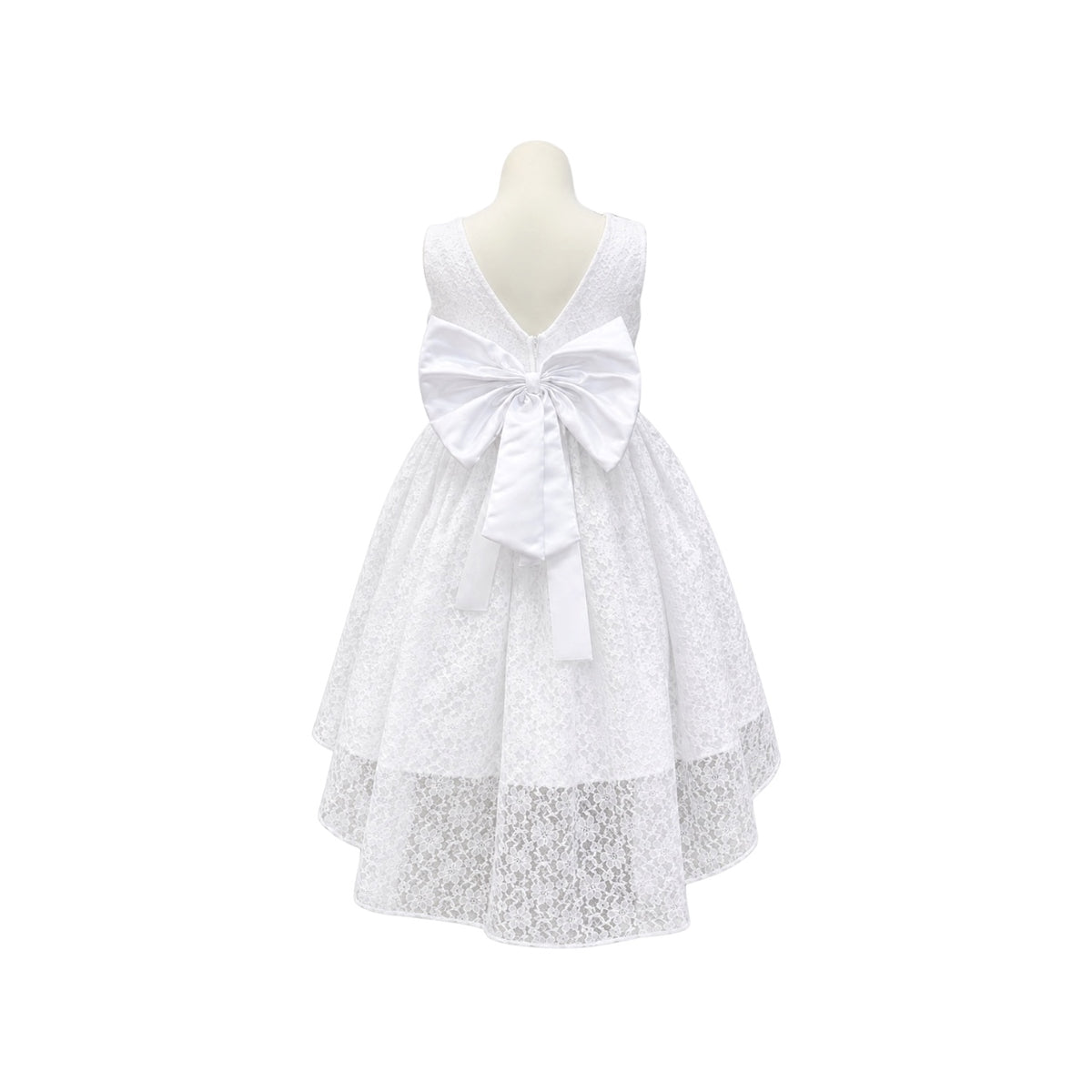 White Floral Lace High-Low Girls' Formal Dress with Pearl Waistband & Satin Bow Back