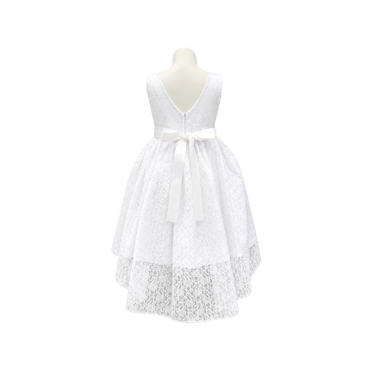 White Floral Lace High-Low Girls' Formal Dress with Pearl Waistband & Satin Bow Back