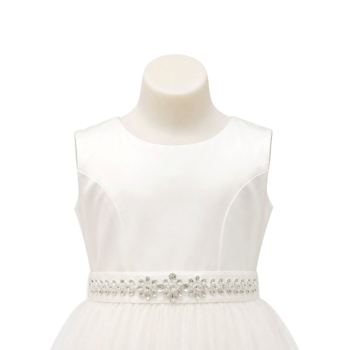 Sleeveless Satin Girls' Formal Dress with Crystal Beaded Waist & Tea-Length Tulle Skirt
