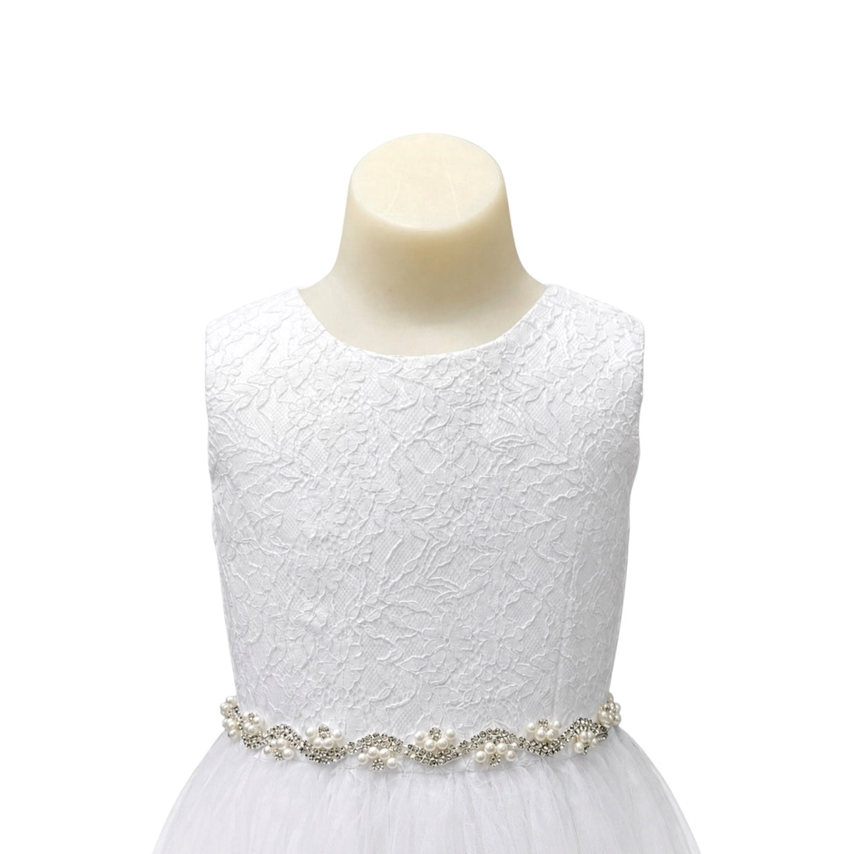 White Floral Lace Bodice Tulle Dress with Pearl Rhinestone Waistband