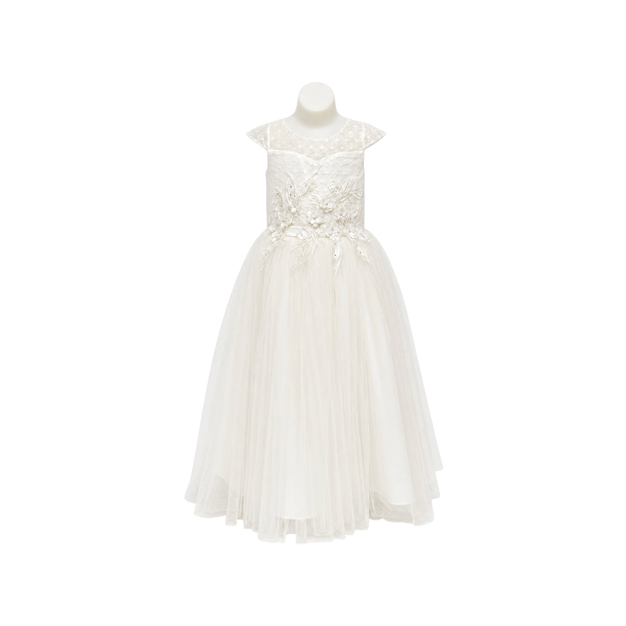 Ivory Cap Sleeve Girls' Formal Dress with Floral Embroidered Lace Bodice & Layered Tulle Skirt