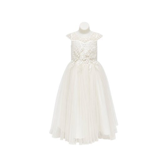 Ivory Cap Sleeve Girls' Formal Dress with Floral Embroidered Lace Bodice & Layered Tulle Skirt