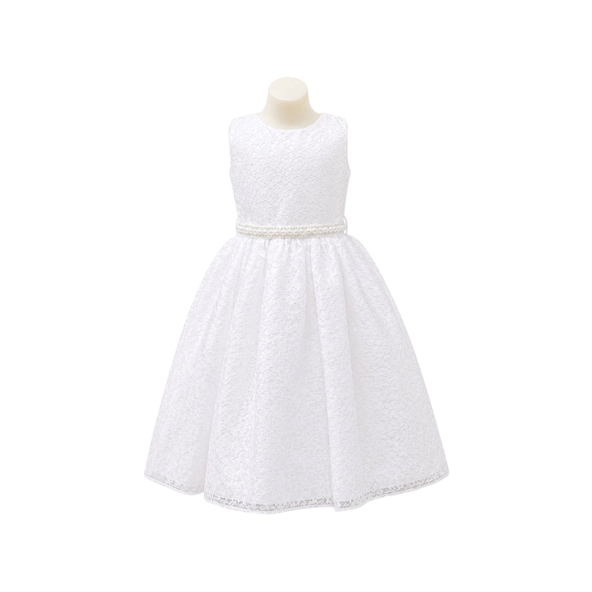White Lace Tea-Length Formal Dress with Pearl & Rhinestone Waist