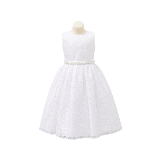 White Lace Tea-Length Formal Dress with Pearl & Rhinestone Waist