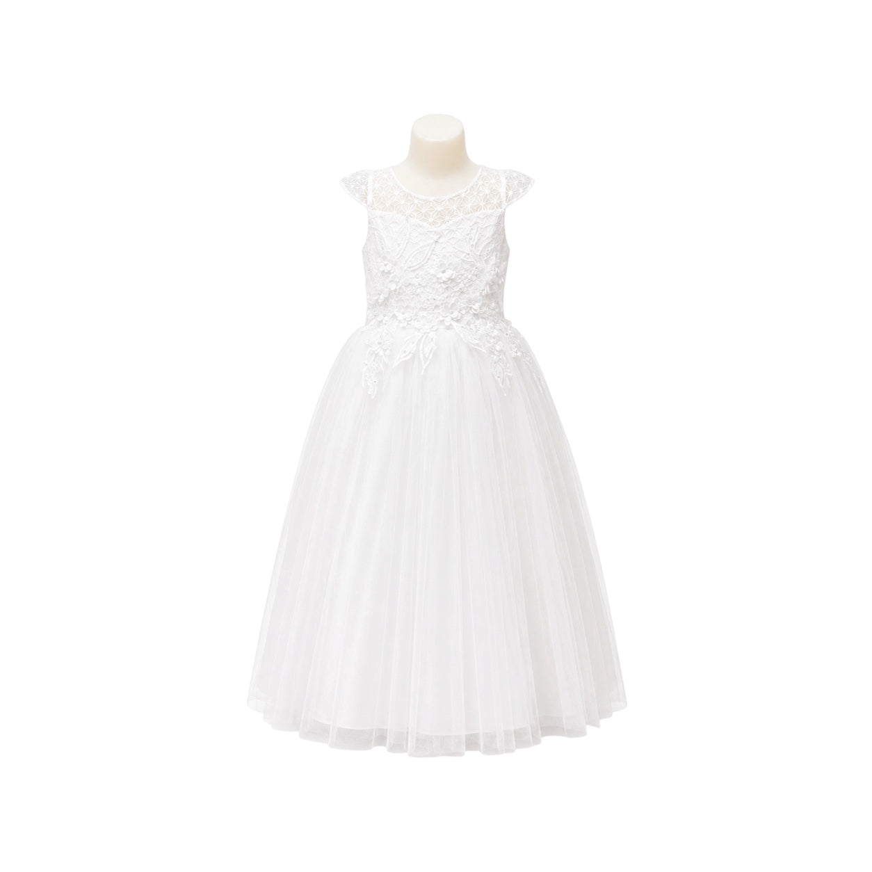 White Cap Sleeve Girls' Formal Dress with Floral Embroidered Lace Bodice & Layered Tulle Skirt