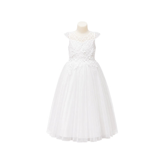 White Cap Sleeve Girls' Formal Dress with Floral Embroidered Lace Bodice & Layered Tulle Skirt