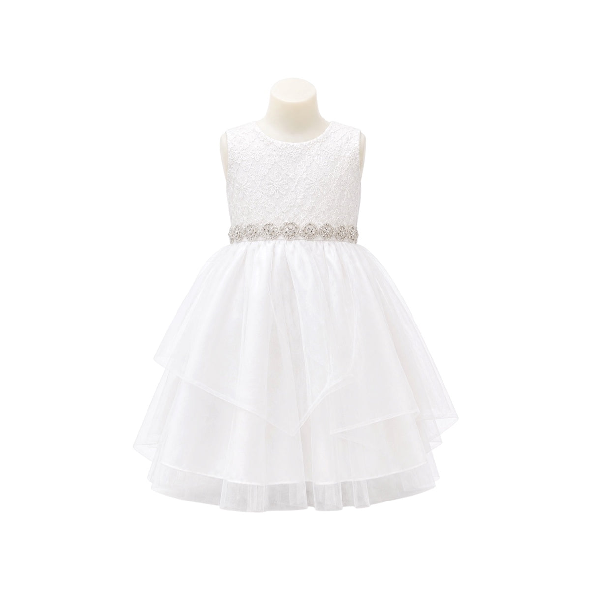 White Lace Bodice Layered Tulle Dress with Rhinestone Waist (Size 4)