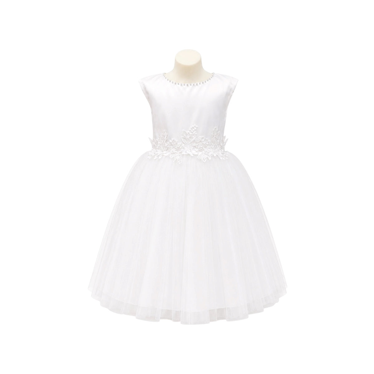 Tea-Length Formal Dress with Pearl Neckline & Floral Appliqué Waist