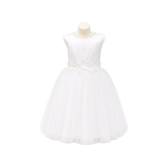 Tea-Length Formal Dress with Pearl Neckline & Floral Appliqué Waist