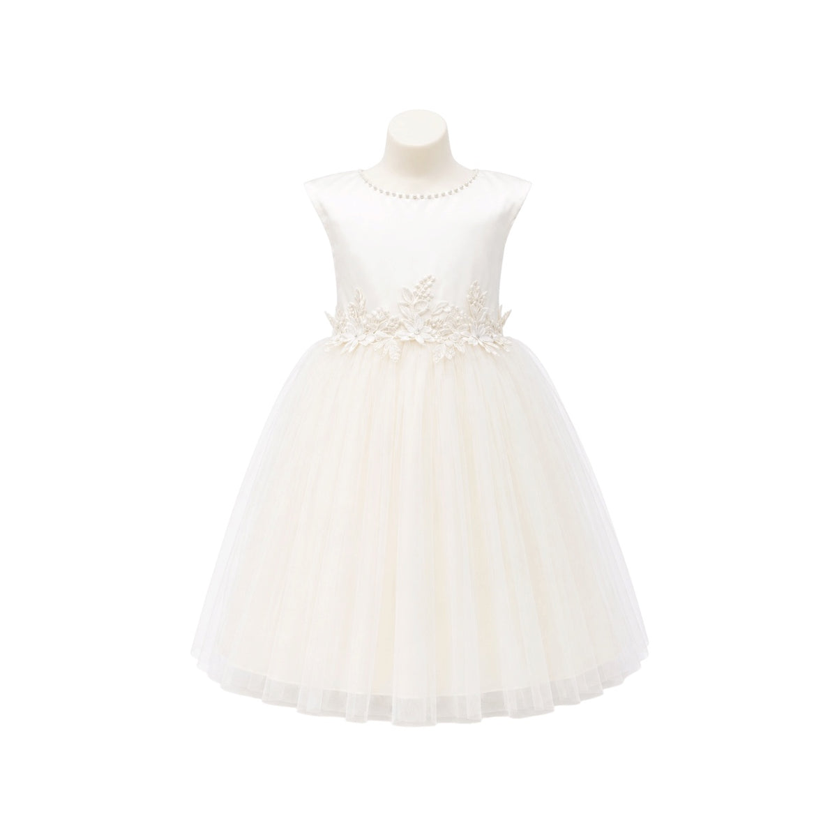 Tea-Length Formal Dress with Pearl Neckline & Floral Appliqué Waist