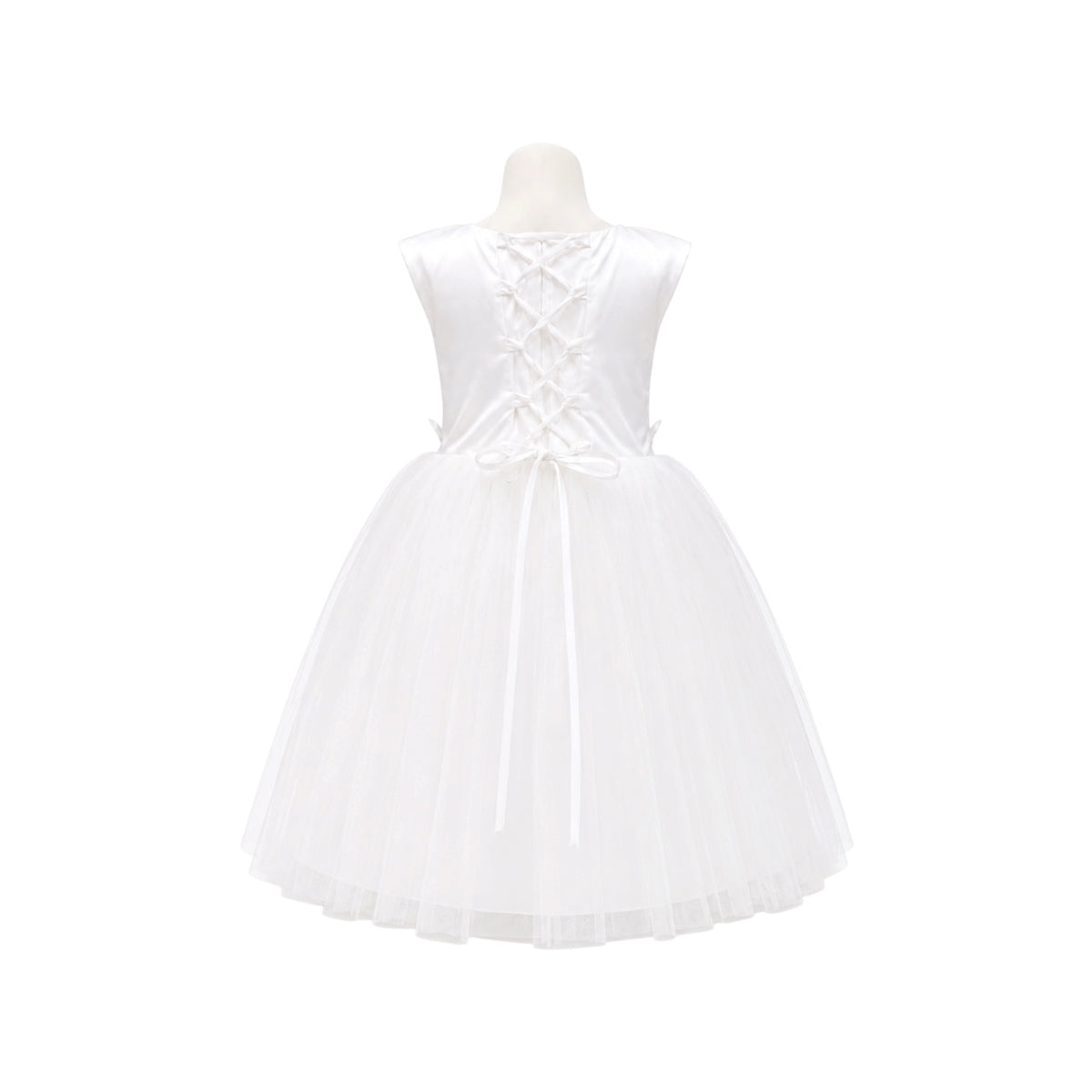 Tea-Length Formal Dress with Pearl Neckline & Floral Appliqué Waist