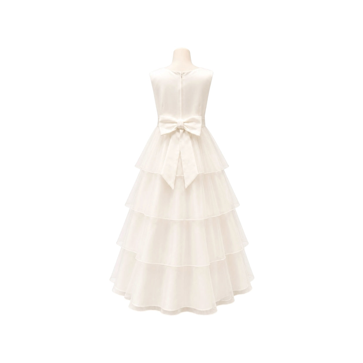 Ivory Satin Gown with Beaded Waist & Tiered Tulle Skirt