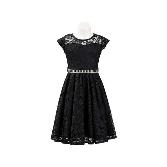 Black Floral Lace Tea-Length Dress with Rhinestone Waistband