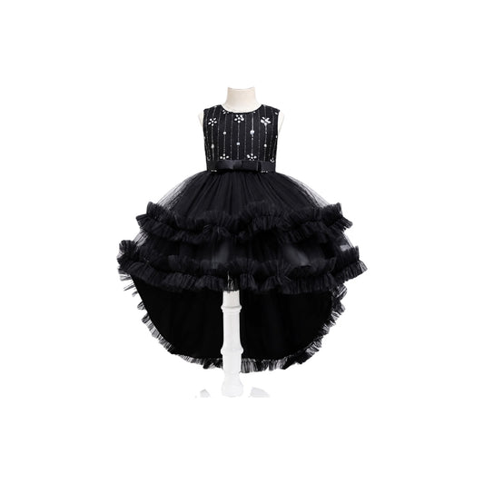 Black Embroidered Sequin Floral High-Low Tulle Dress with Tiered Ruffle Skirt