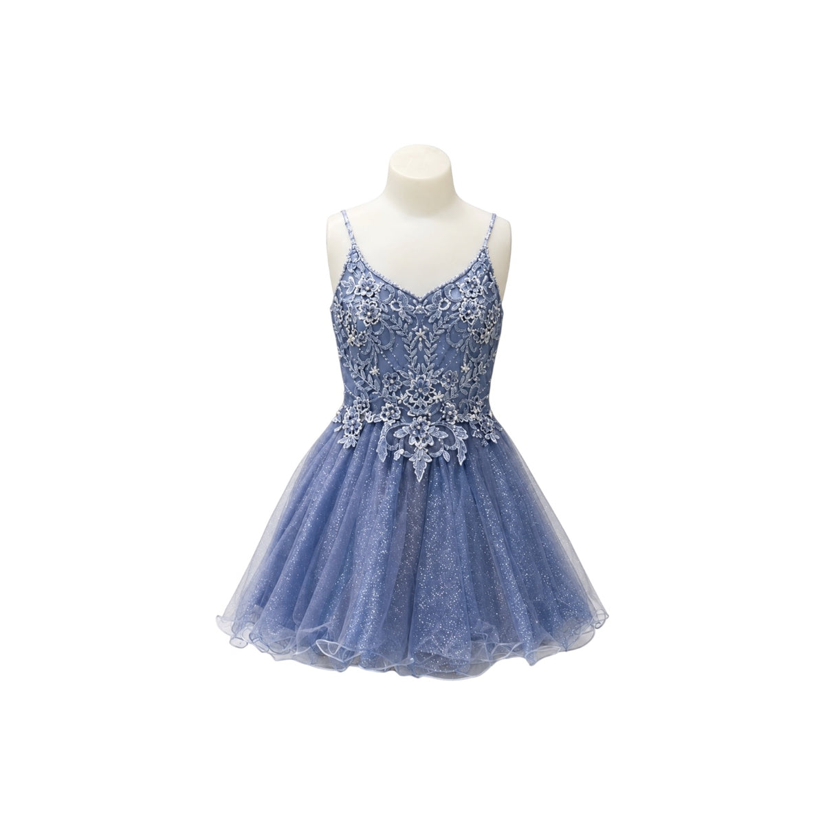 Dusty Blue Floral Lace Appliqué Glitter Tulle Dress with Lace-Up Back & Matching Shawl