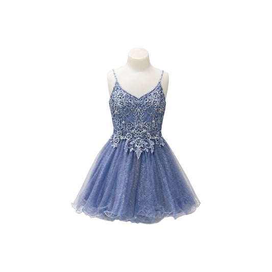 Dusty Blue Floral Lace Appliqué Glitter Tulle Dress with Lace-Up Back & Matching Shawl