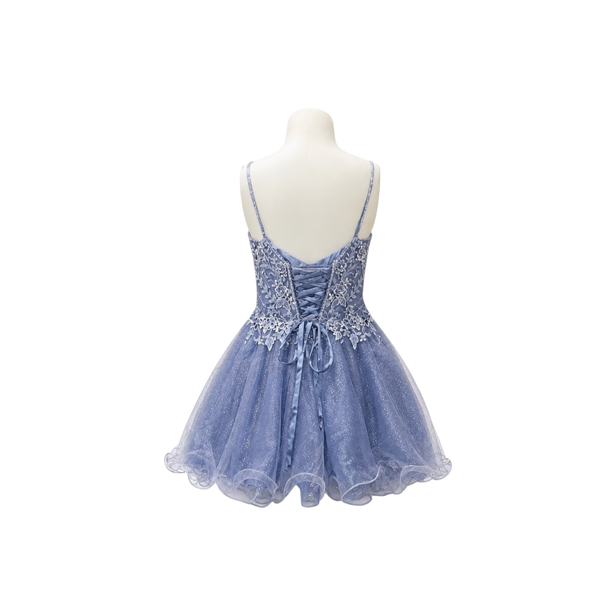 Dusty Blue Floral Lace Appliqué Glitter Tulle Dress with Lace-Up Back & Matching Shawl