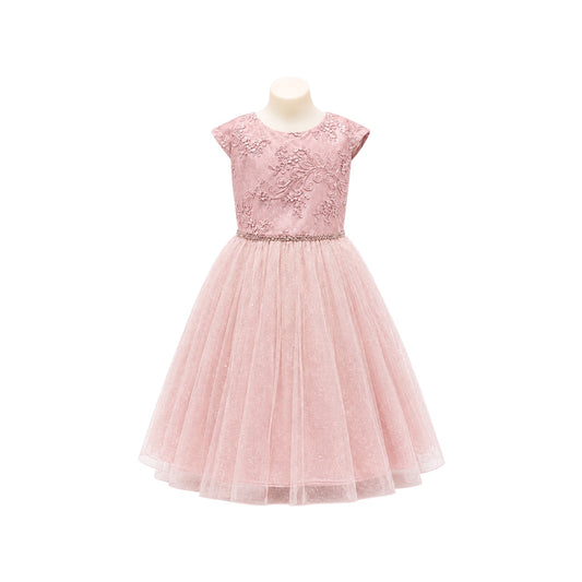 Cap Sleeve Mauve Floral Embroidered Glitter Tulle Dress with Rhinestone Waist
