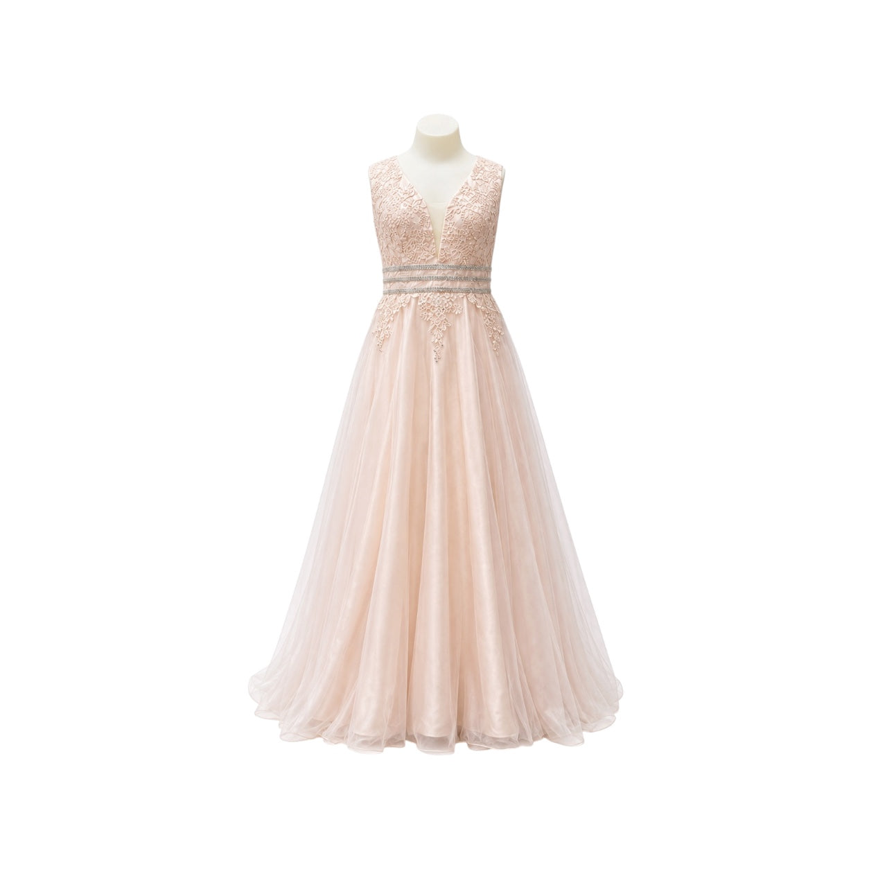 Dusty Pink Floral Embroidered Illusion Tulle Gown with Triple Rhinestone Waist