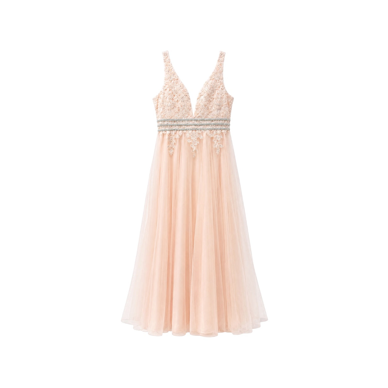 Dusty Pink Floral Embroidered Illusion Tulle Gown with Triple Rhinestone Waist