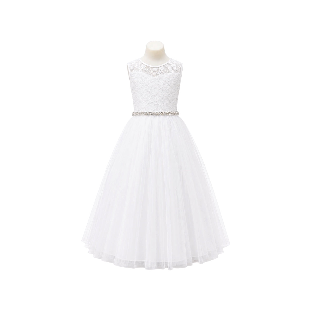 White Sleeveless Floral Lace Formal Dress with Full Tulle Skirt & Rhinestone Waist