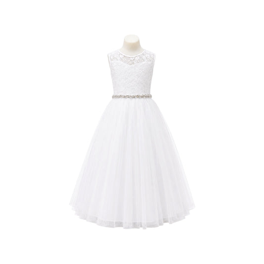 White Sleeveless Floral Lace Formal Dress with Full Tulle Skirt & Rhinestone Waist